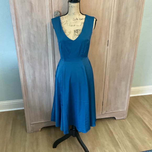Modcloth Blue Fit Flare Sleeveless Midi Dress wedding party V neck sleeve retro - Picture 1 of 14